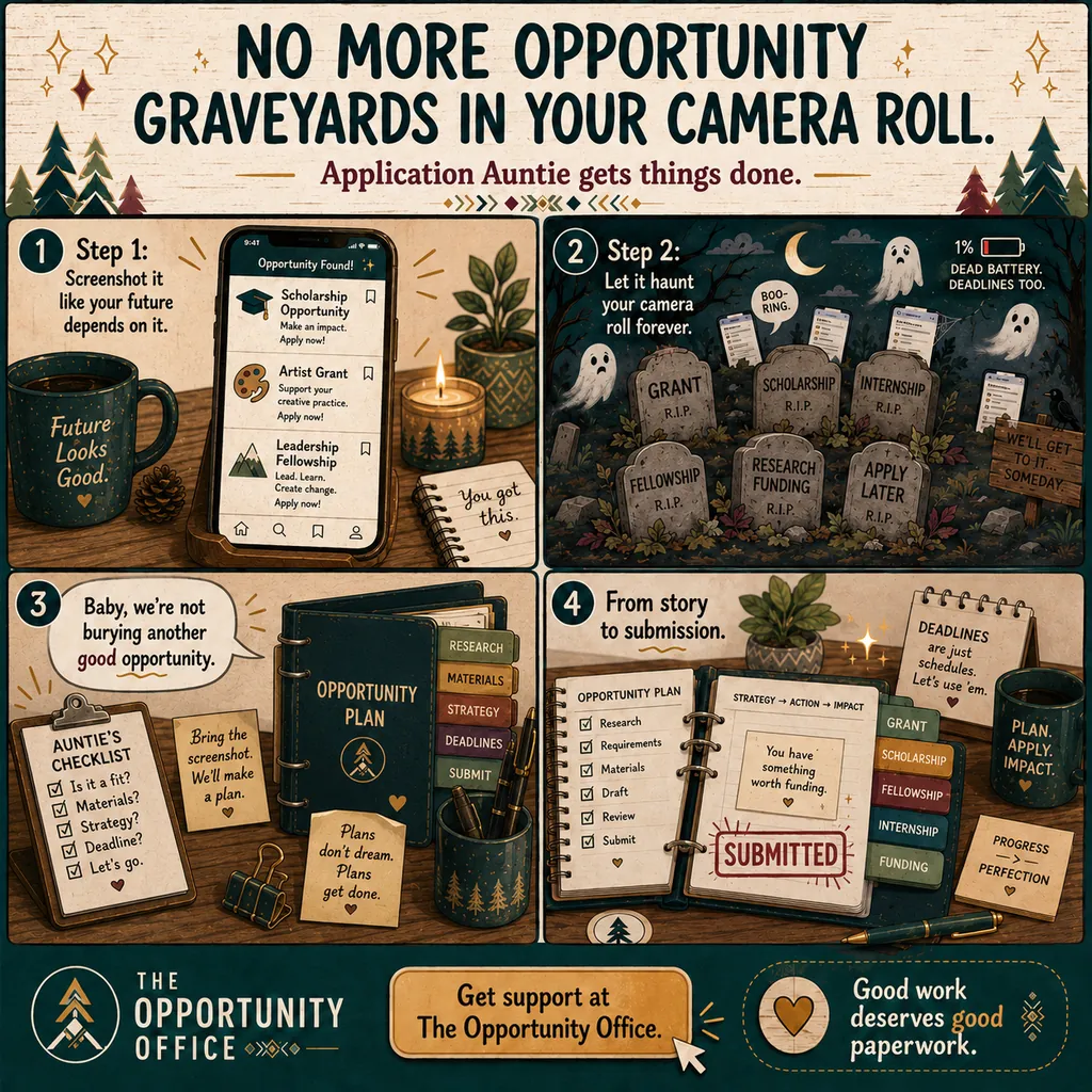 Illustrated four-panel comic: Step 1 screenshot the opportunity, Step 2 let it haunt your camera roll as a graveyard of grants and fellowships, Step 3 Auntie's checklist and opportunity plan binder, Step 4 from story to submission — submitted.