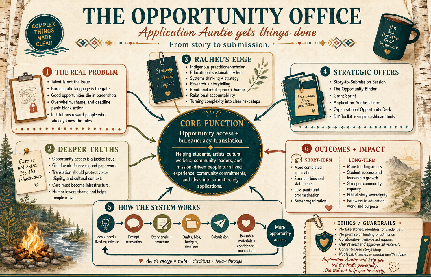 Systems framework for The Opportunity Office: the real problem, deeper truths, Rachel's edge, strategic offers, how the system works, outcomes, and ethics — all flowing into the core function of opportunity access and bureaucracy translation.