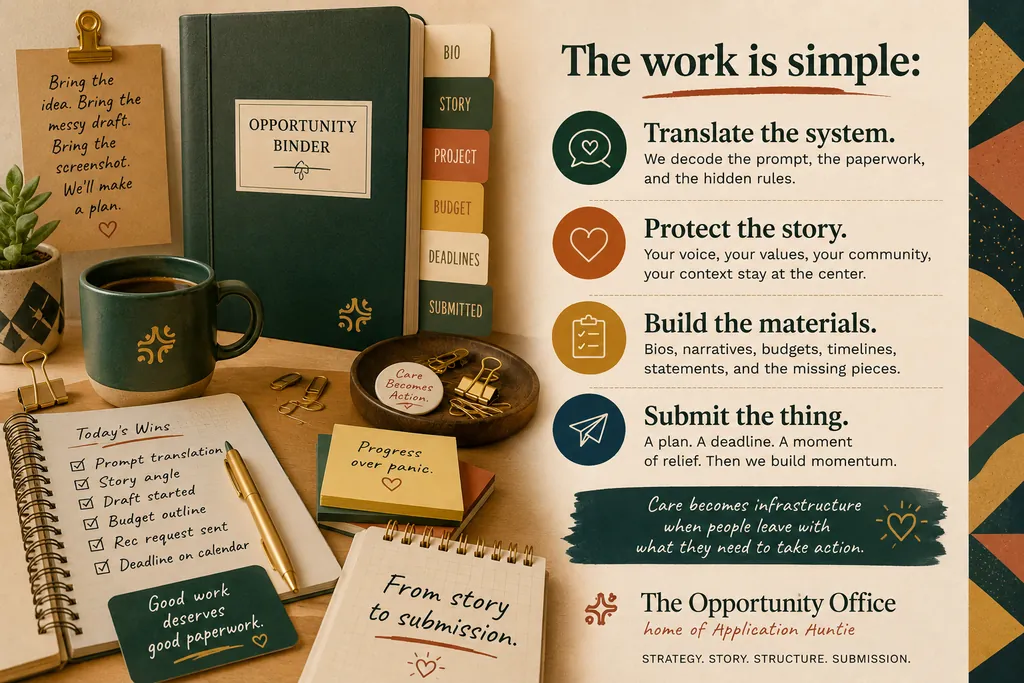 The work is simple: Translate the system, protect the story, build the materials, submit the thing — illustrated with the Opportunity Binder, Auntie's wins checklist, and the note 'care becomes infrastructure when people leave with what they need to take action.'